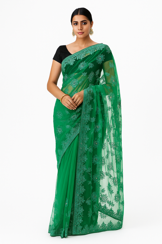 M.l.s Fancy net work saree set of 6 pic